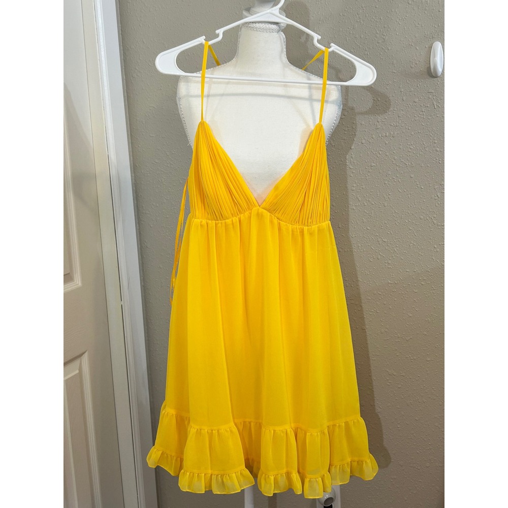 NWT Ieena for Mac Duggal Mango Yellow Pleated Babydoll Ruffle Mini Dress Size 10
